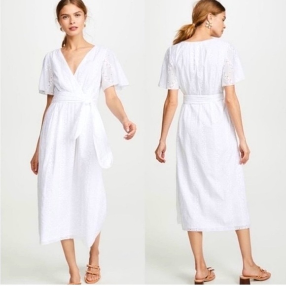 Joie Dresses & Skirts - NWT Joie White Eyelet Lace Short Sleeve Belted Faux Wrap Midi Dress Size 4